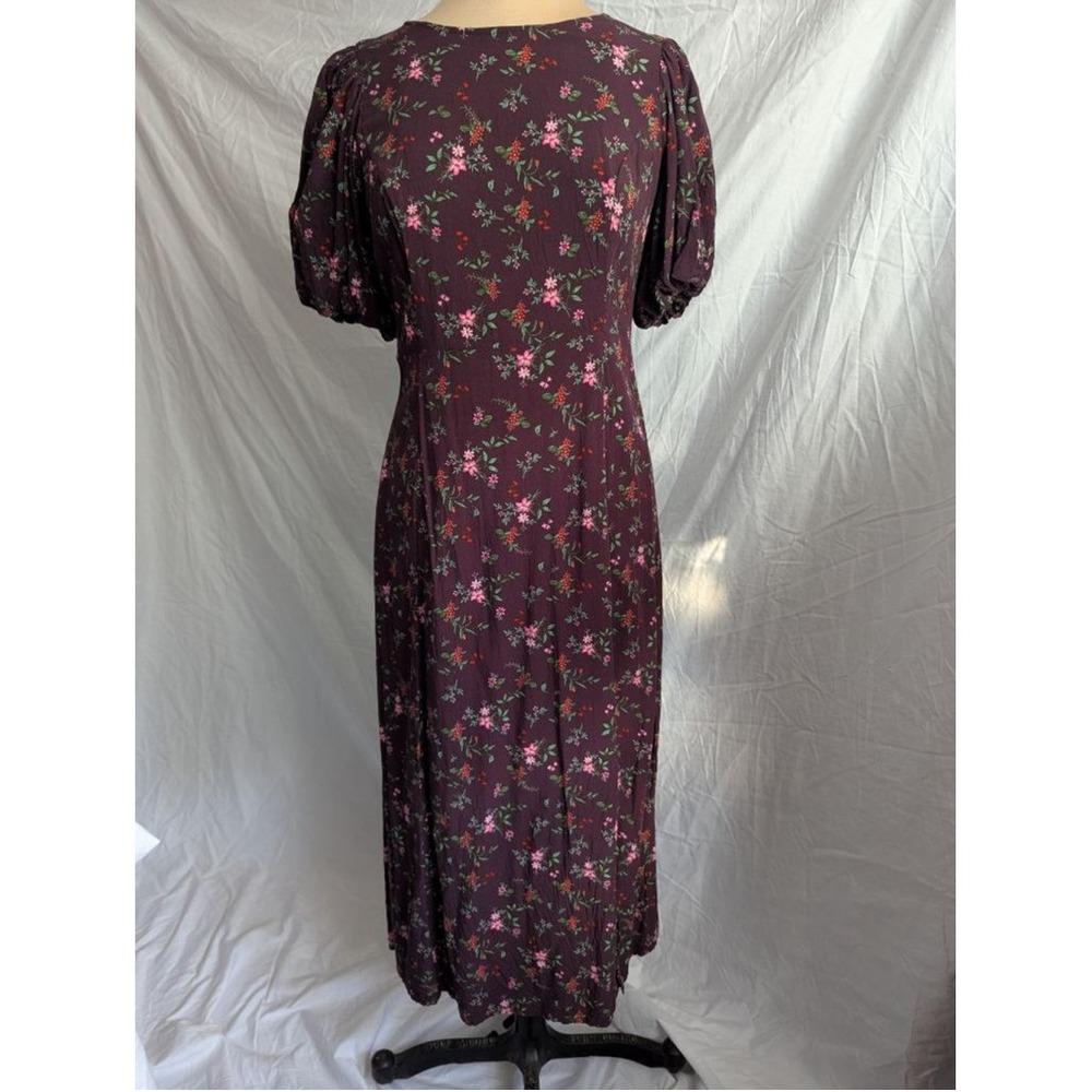 Old Navy Midi Dress Burgundy Floral Puff Sleeve Smocked Cut Out MP Cottagecore